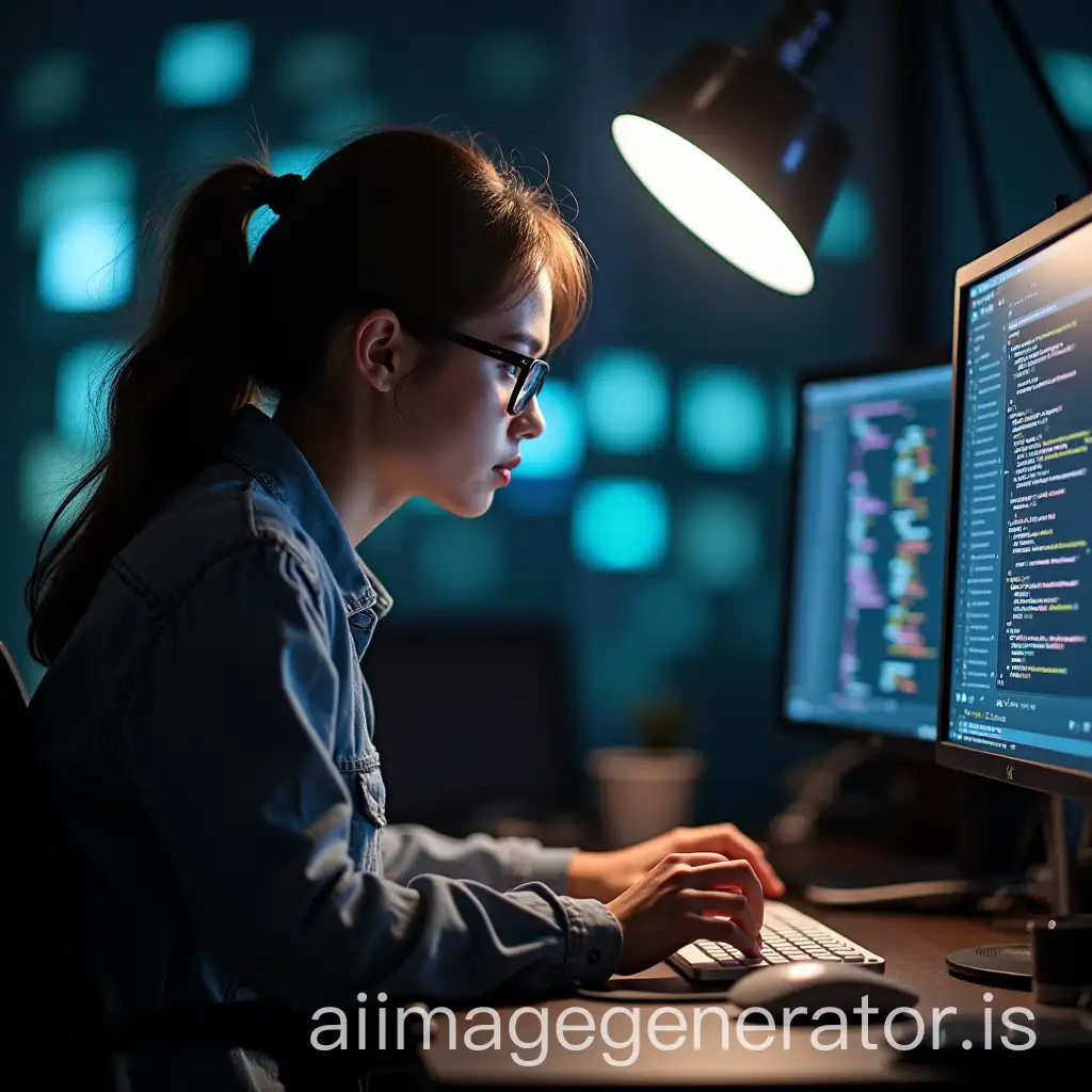 A photo of a woman writing code during the day