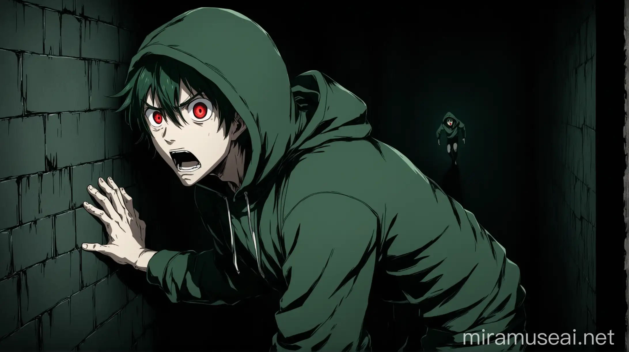 Frightened Anime Male Character in Underground Secret Room