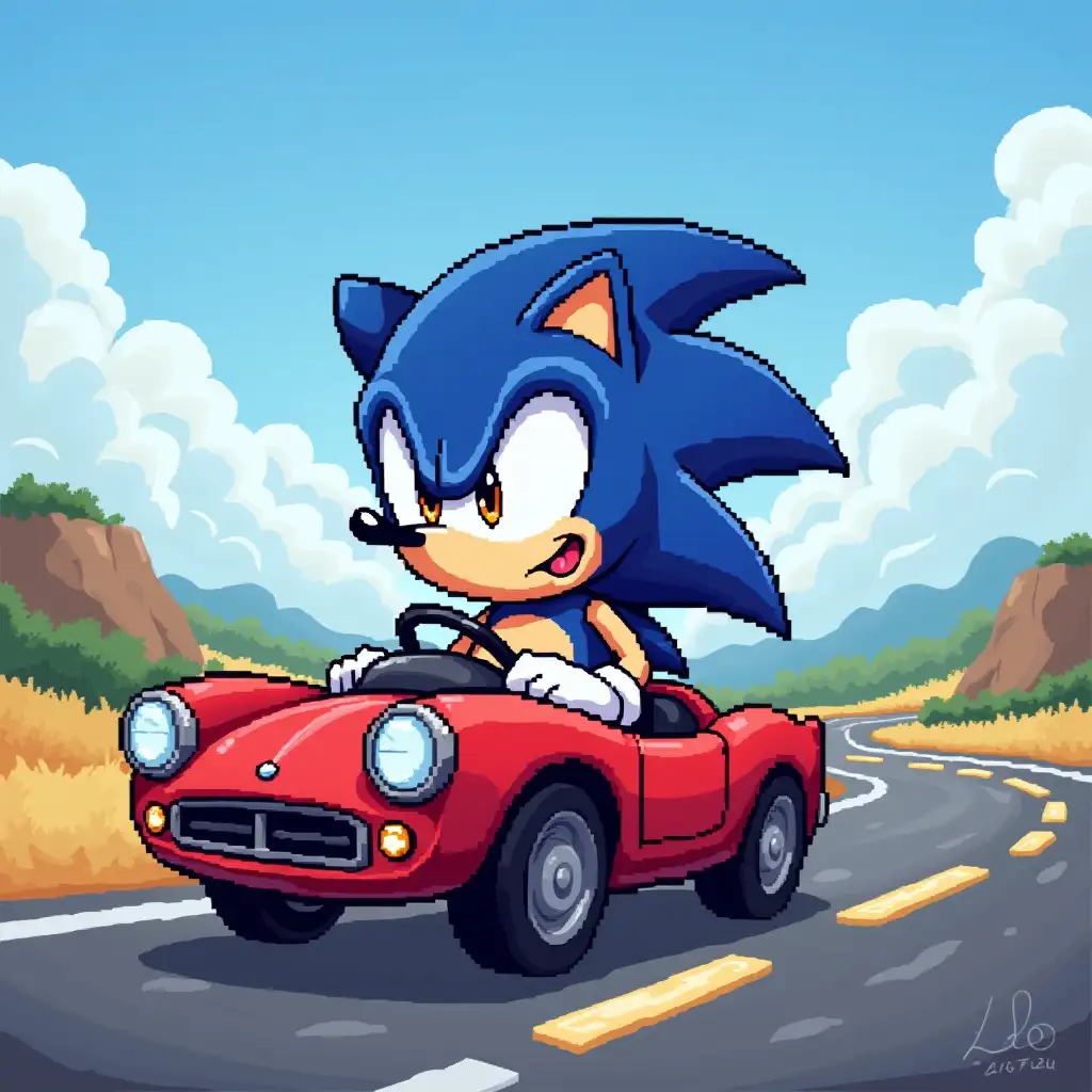 Pixel art of sonic the hedgehog riding a car and racing on tracks