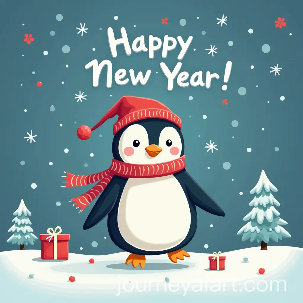 New-Year-Card-Design-with-Penguin-and-Happy-New-Year-Message-for-Shopping-Center
