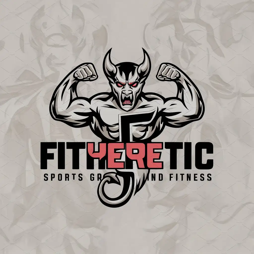 a logo design,with the text "Fitheretic", main symbol:Demon with muscles,complex,be used in Sports Fitness industry,clear background