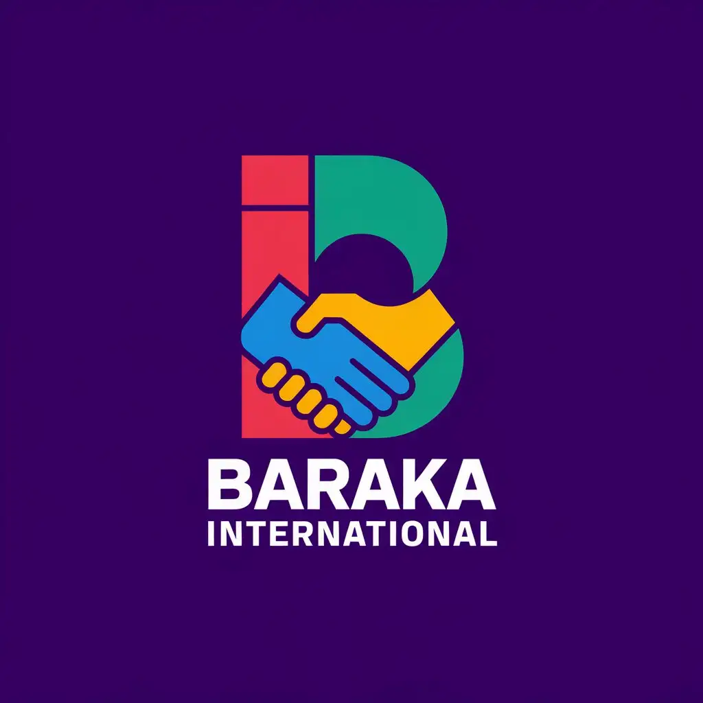 LOGO Design for Baraka International Purple Background with Two Hands Shaking in the Letter B Red Green and Blue Accents