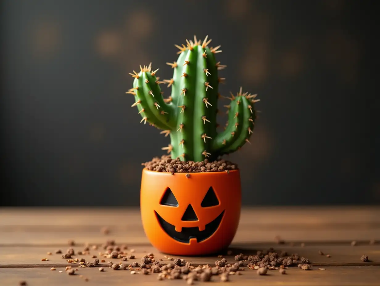 Halloween holiday creative concept with cactus plant jack o lantern character on wooden table