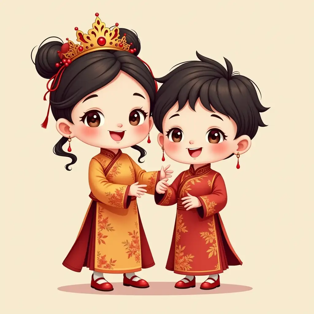 Mother and son cartoon dress traditional Chinese outfits with happy face, and decorate hair with Chinese crown