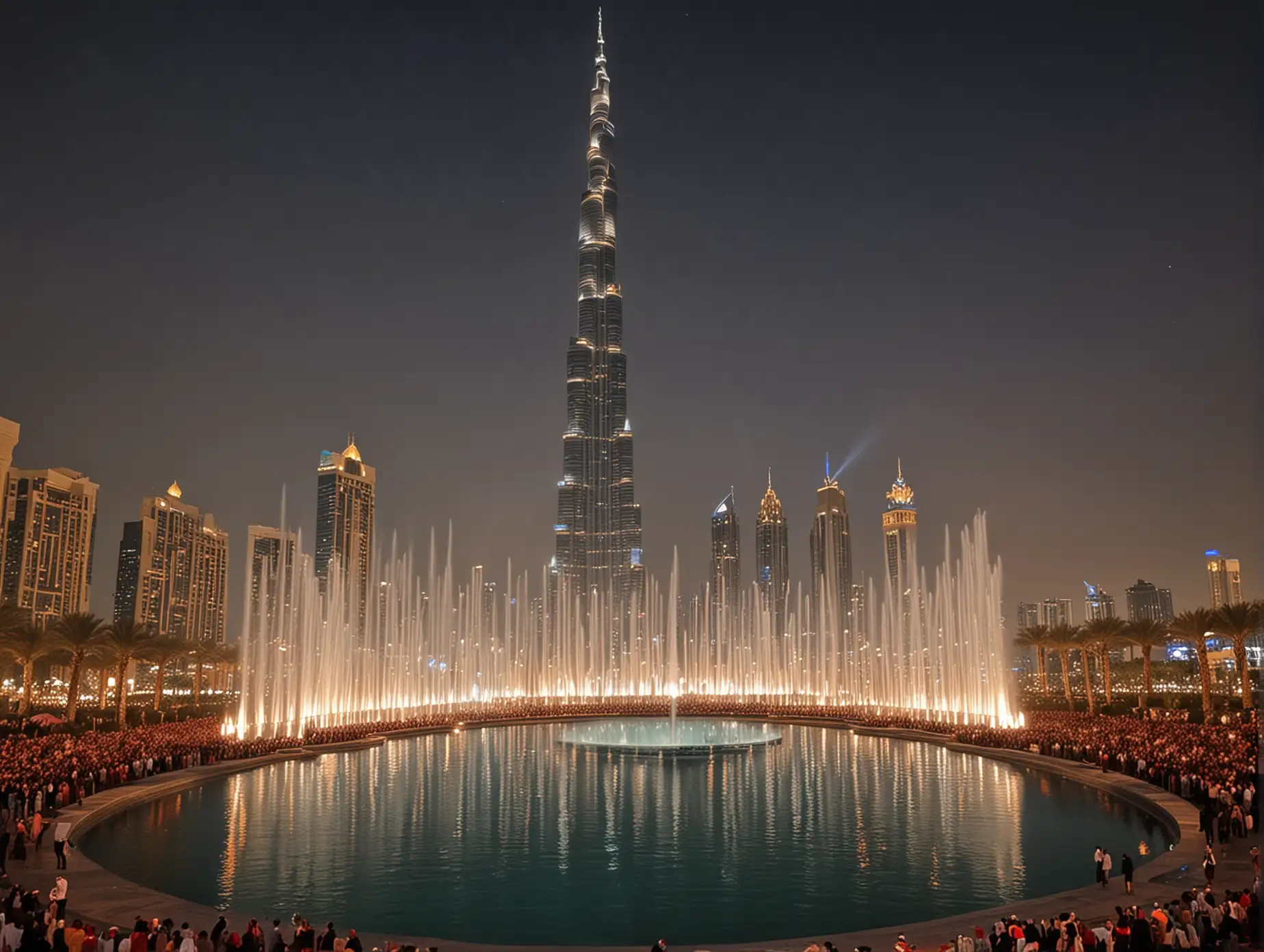 international festival in Dubai at the singing fountains salute Burj Khalifa many people