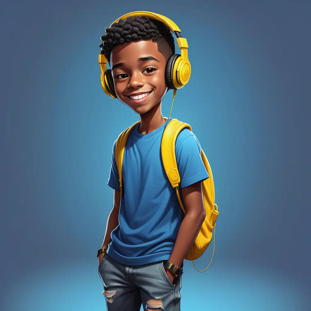 Smiling Black Teenager Cartoon with Short Haircut and Yellow Headphones