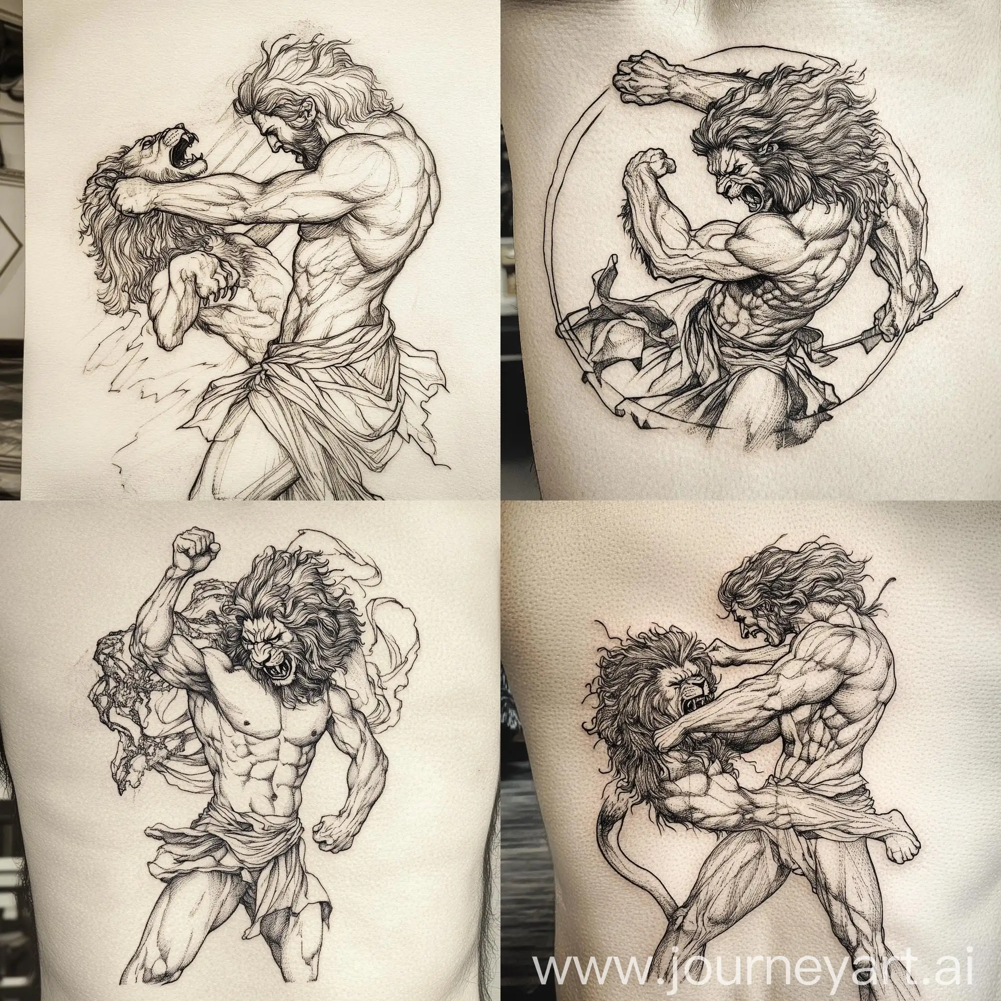 Engraved-Style-Tattoo-Sketch-Lion-Fighting-Hercules