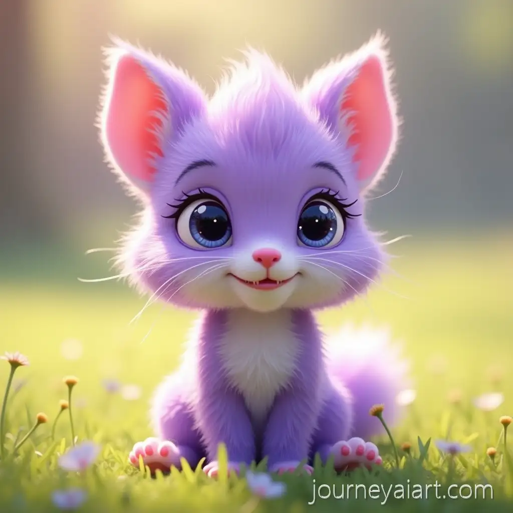 Cute-Fluffy-Purple-Animal-Sitting-in-Sunlit-Meadow-with-Sparkling-Eyes