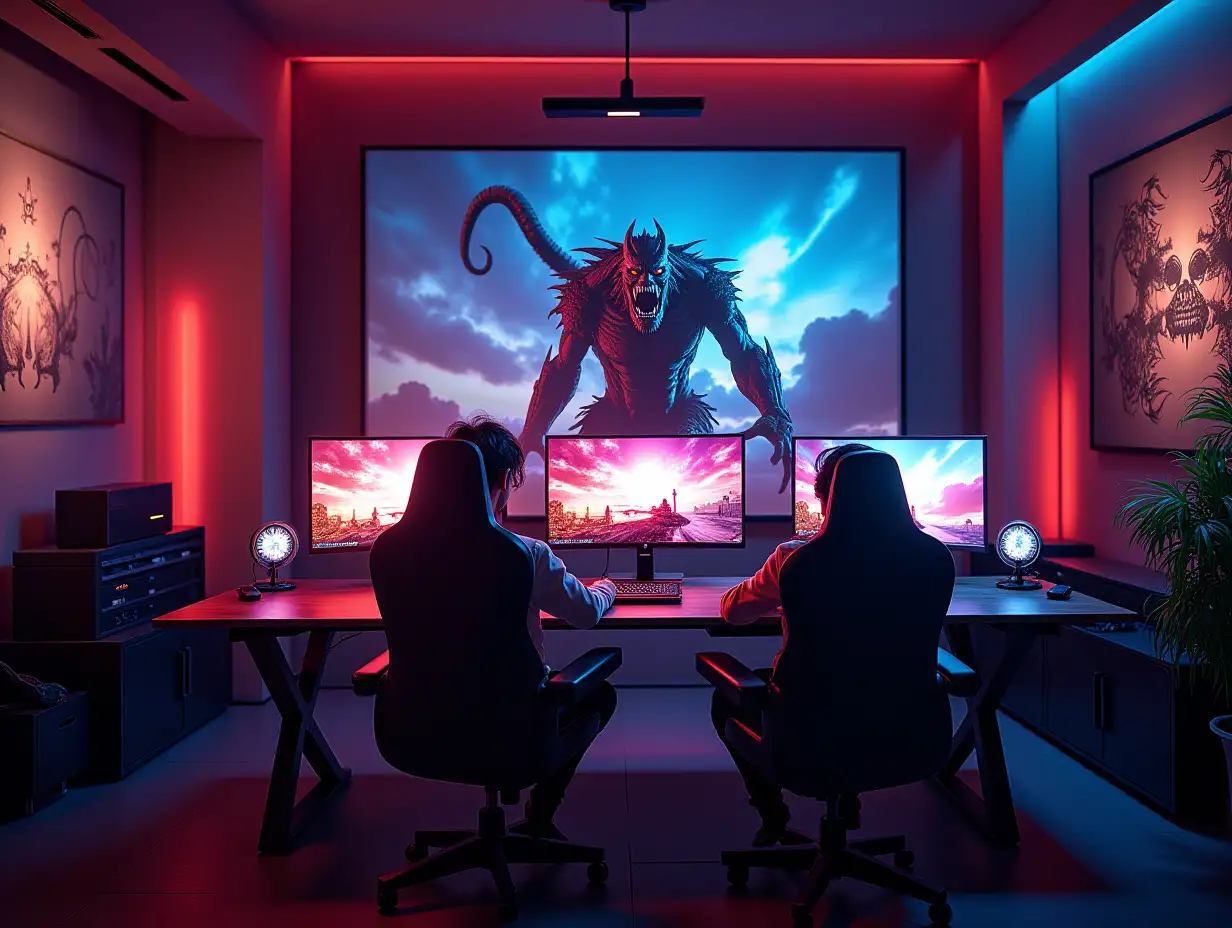 see a large gaming room with three monitors gaming table a statue of the attack on titan monster 180 degree shots 8K resolution colorful