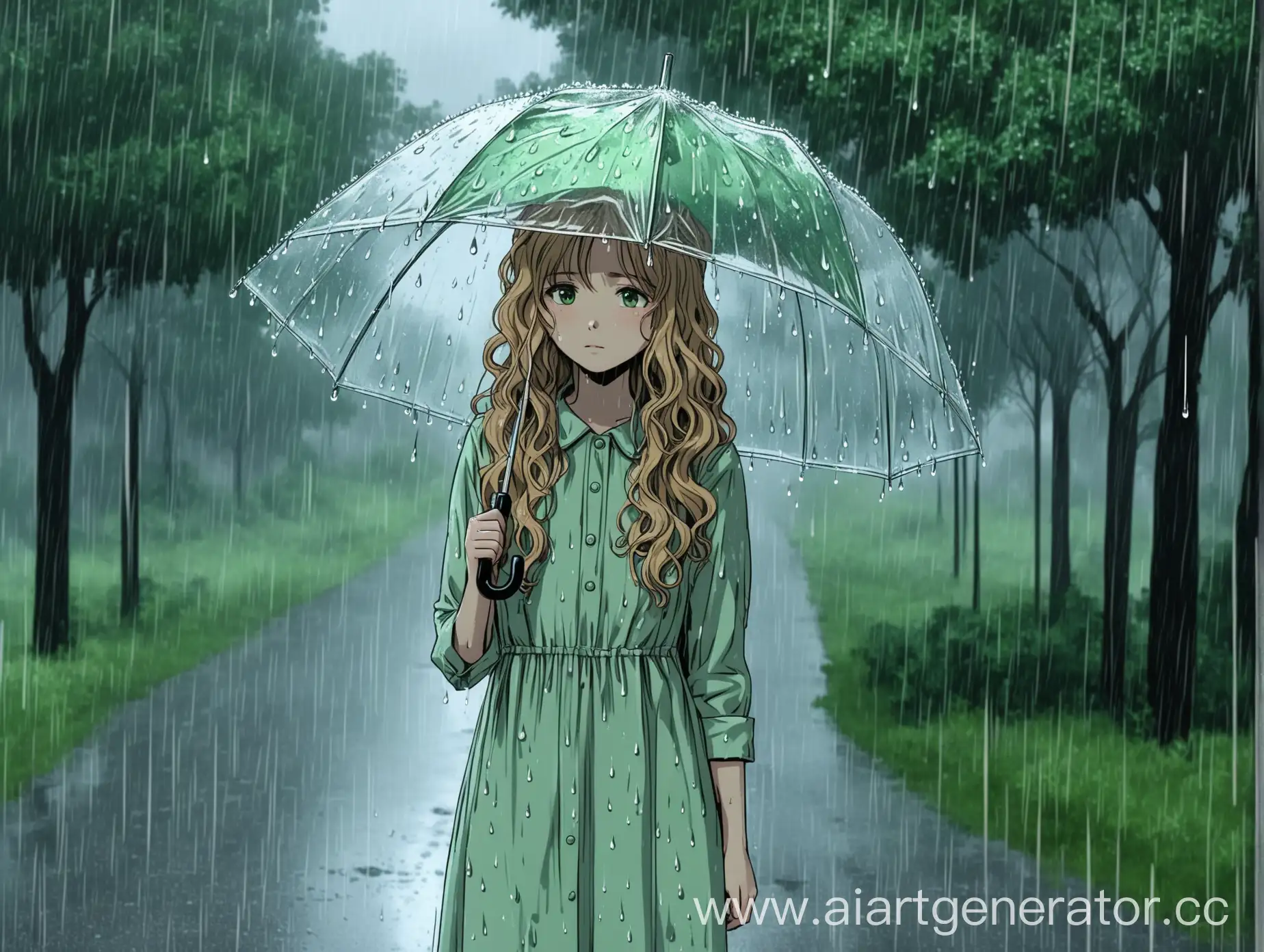 Girl-in-Light-Green-Dress-with-Colorless-Umbrella-Standing-in-the-Rain