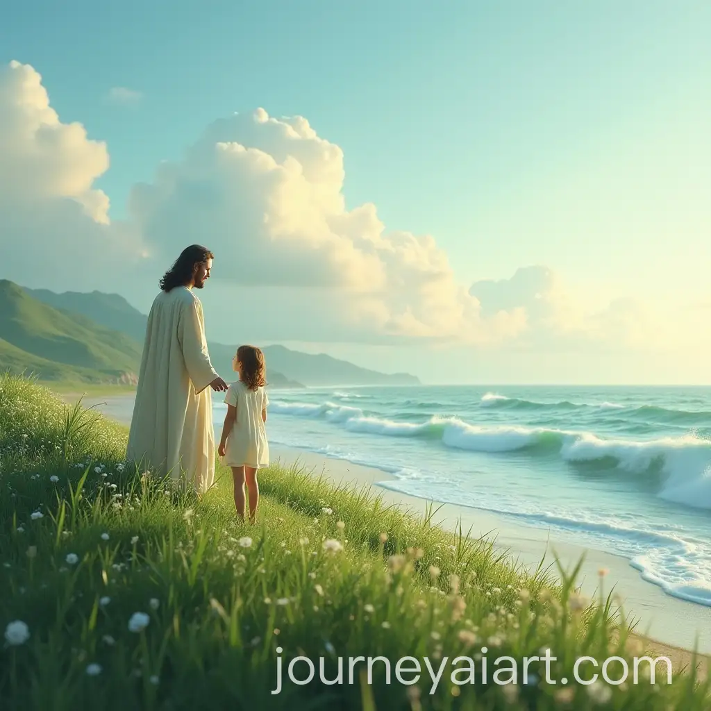 Girl-and-Jesus-on-a-Cliff-Overlooking-the-Sea-in-the-Morning-Light