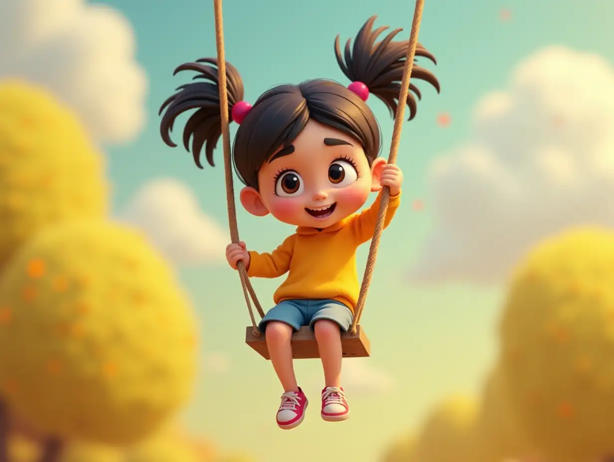 a cute little girl is swinging. 3D Pixar Style