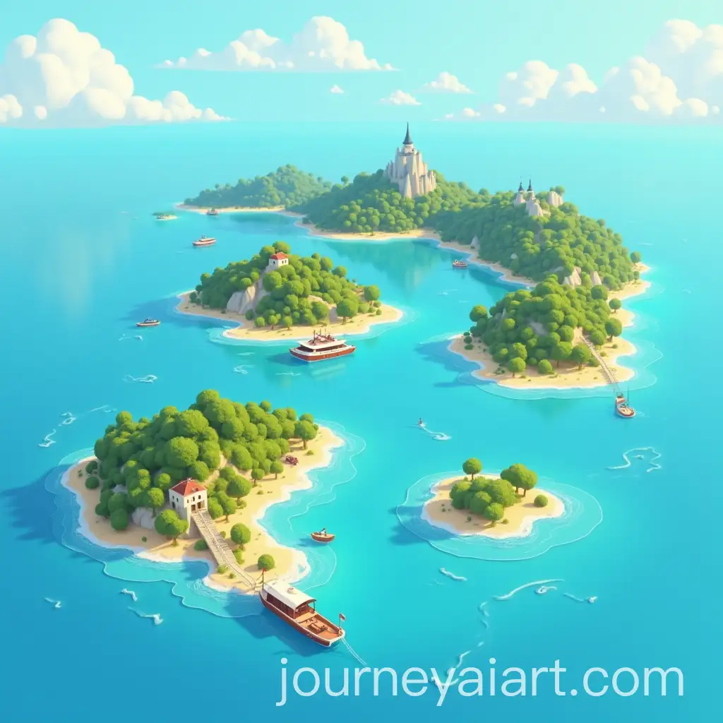 Illustrated-Map-of-a-Lake-with-Three-MediterraneanInspired-Islands-and-Ferry-Boat-Station