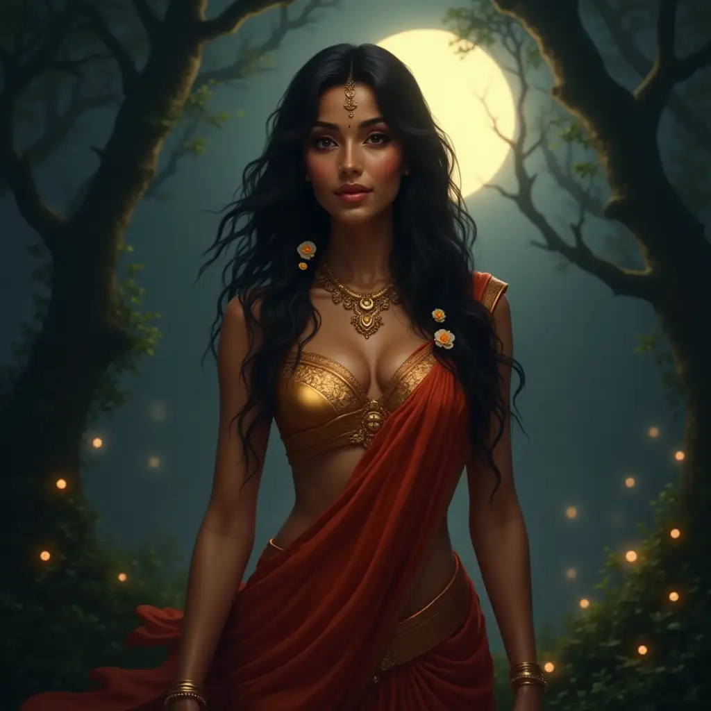 Moonlit-Yakshini-with-Crimson-Saree-and-Golden-Skin-in-Enchanted-Forest