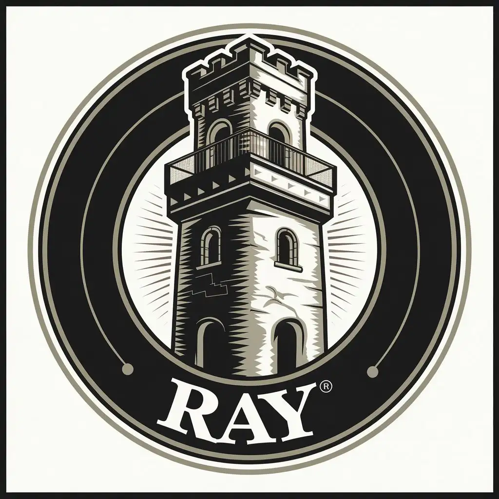 LOGO Design for RAY Antique Tower in Black and White with Pen Drawing Style