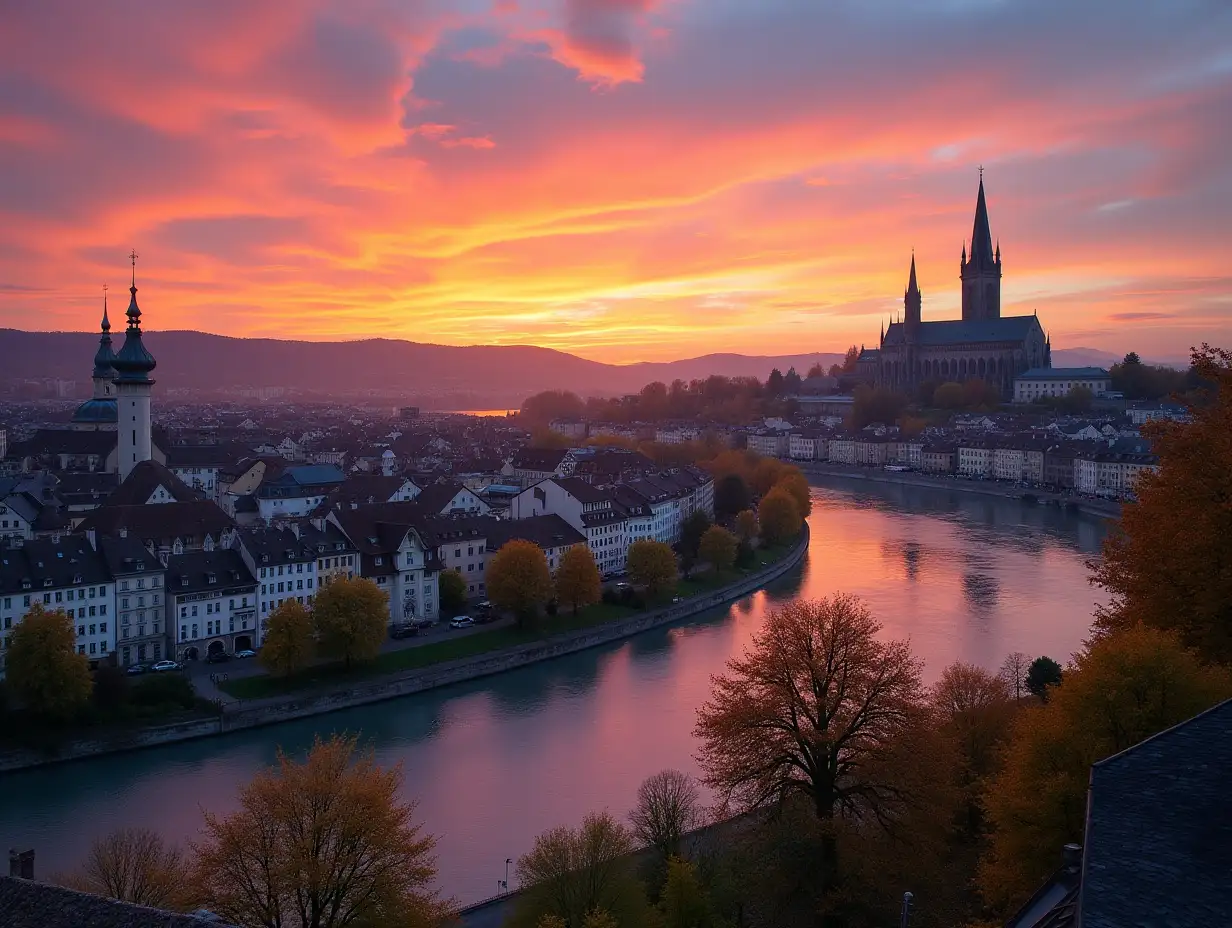 Sunset-Cityscape-of-Bern-with-Aare-River-and-Cathedral