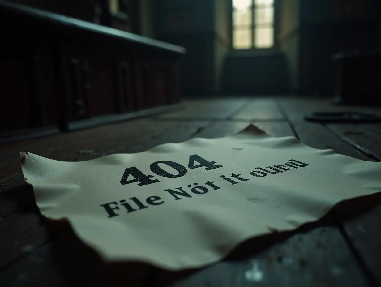 A dramatic close-up photograph of a crumpled legal document lying abandoned in a dusty, dimly lit courtroom. The words '404 - File Not Found' are subtly superimposed on the document. The scene should evoke a sense of mystery and legal intrigue, with a focus on texture and shadow. Style: Film noir.