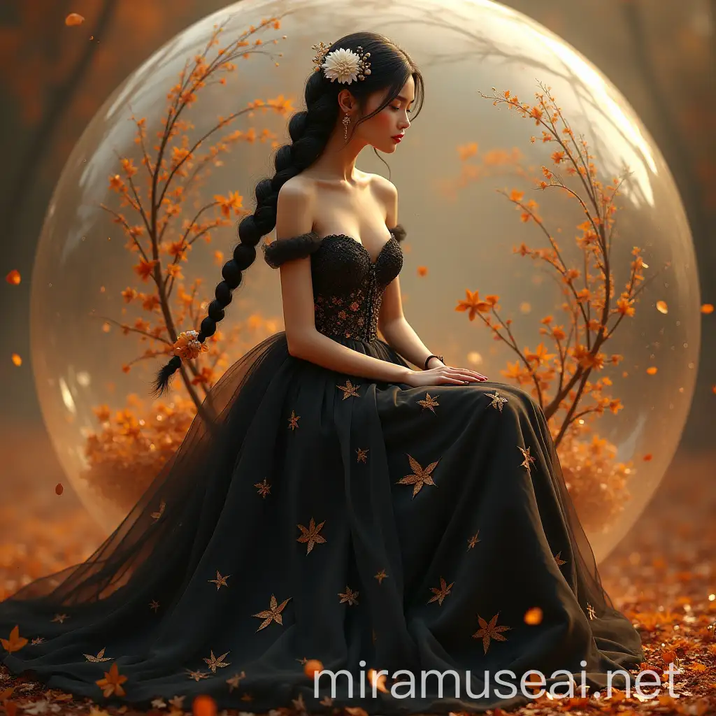 Elegant Woman in Floral Wedding Dress Sitting on Giant Ball