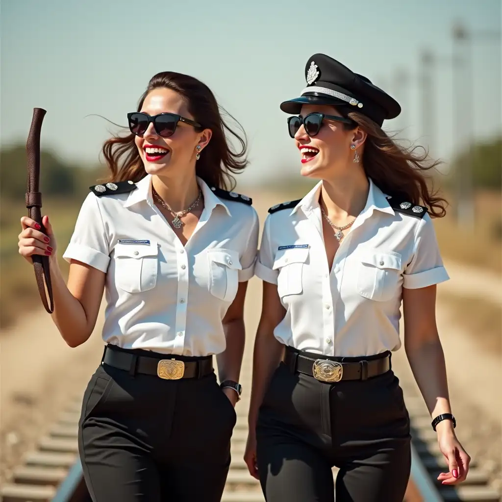 two White plump lady in pinup style, wearing an white police shirt, laughing with her mouth open, red lipstick accentuating her smile, accessorized with a stylish belt, holding a leather whip, jewelry, white skin, big wide hips, chest are fully grown, pilot sunglasses, two european lady walking on rails, israel