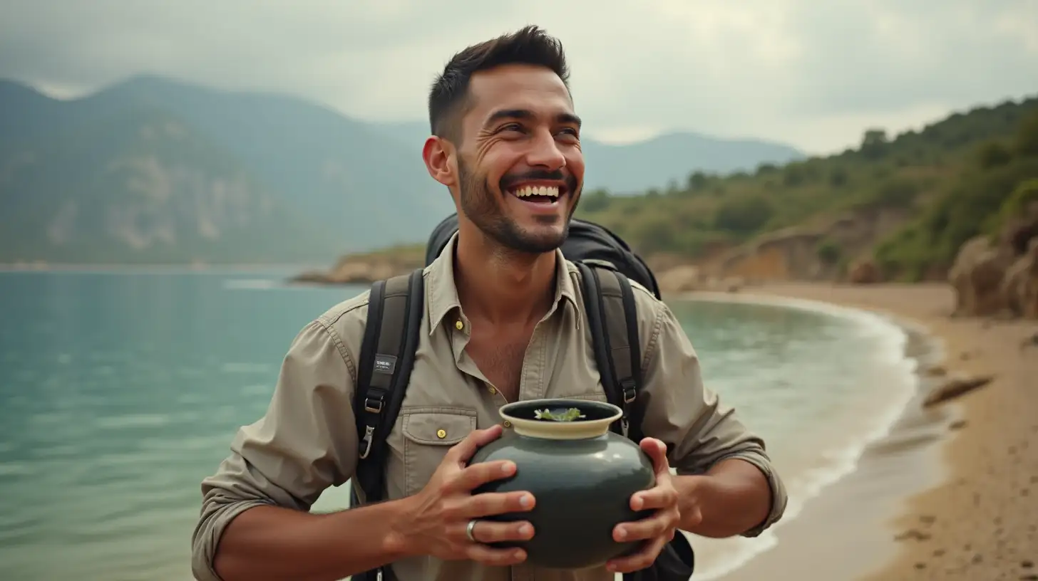 Young Traveler Carrying a Full Pot of Water with Hopeful Expression