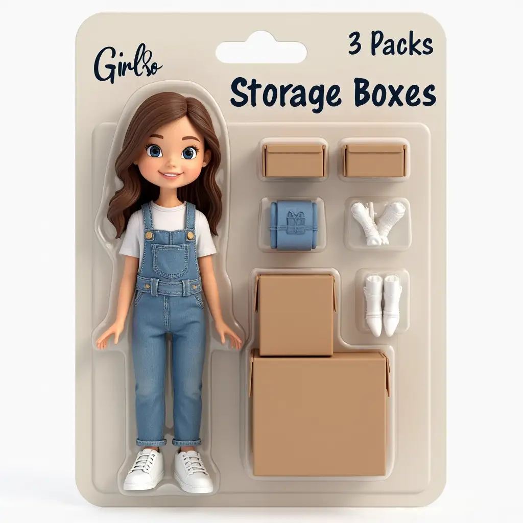 Use this photo of me to create my blister pack figure in the style of a premium collectible toy. The girl figure should be standing with a relaxed, friendly smile, holding a storage box. The blister pack should have a heading with the text '[Storage Boxes]' in large letters and a subheading '[3 Packs]' underneath. Include accessories in the compartments on the sides of the figure: [Jeans, Shirt, Socks].