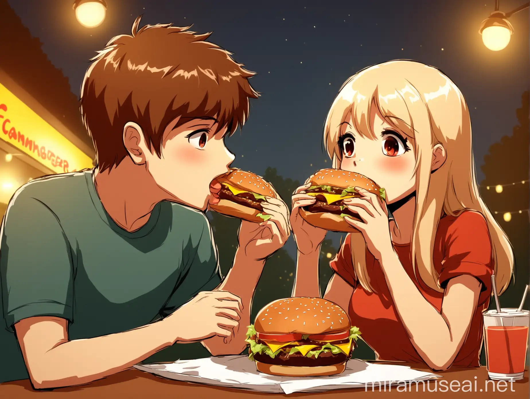 Romantic Cartoon Couple Eating Hamburger