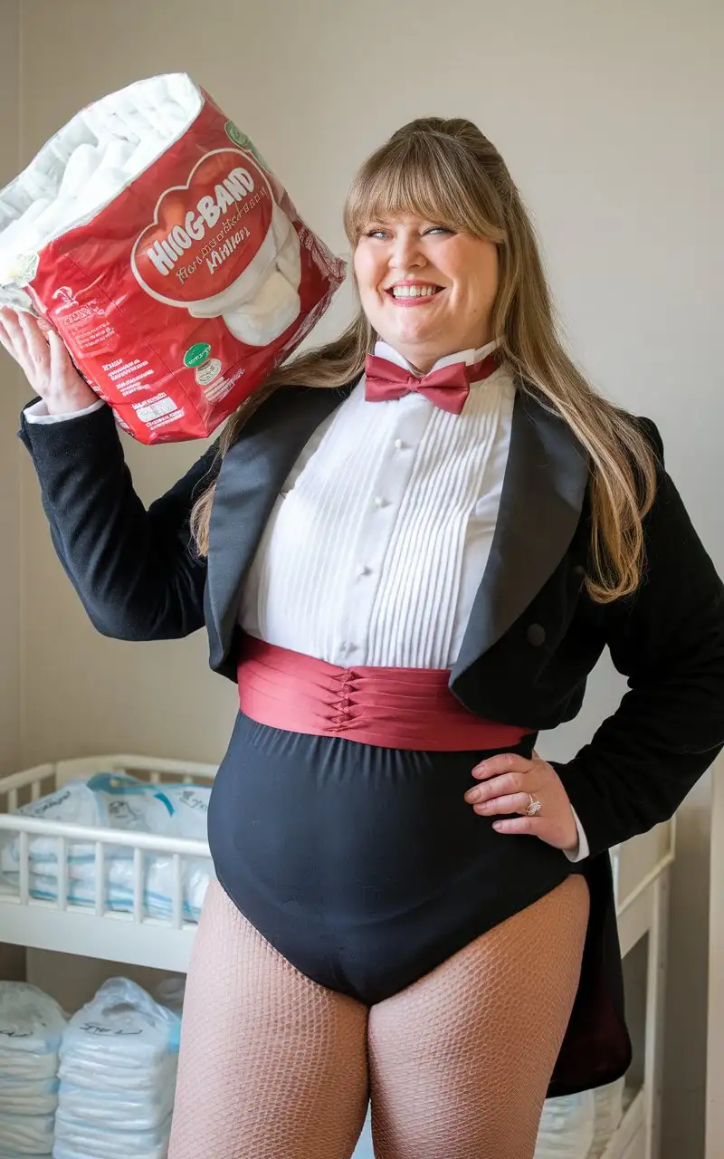 Smiling-MiddleAged-Woman-in-Formal-Tuxedo-Holding-Huggies-Package-in-Nursery