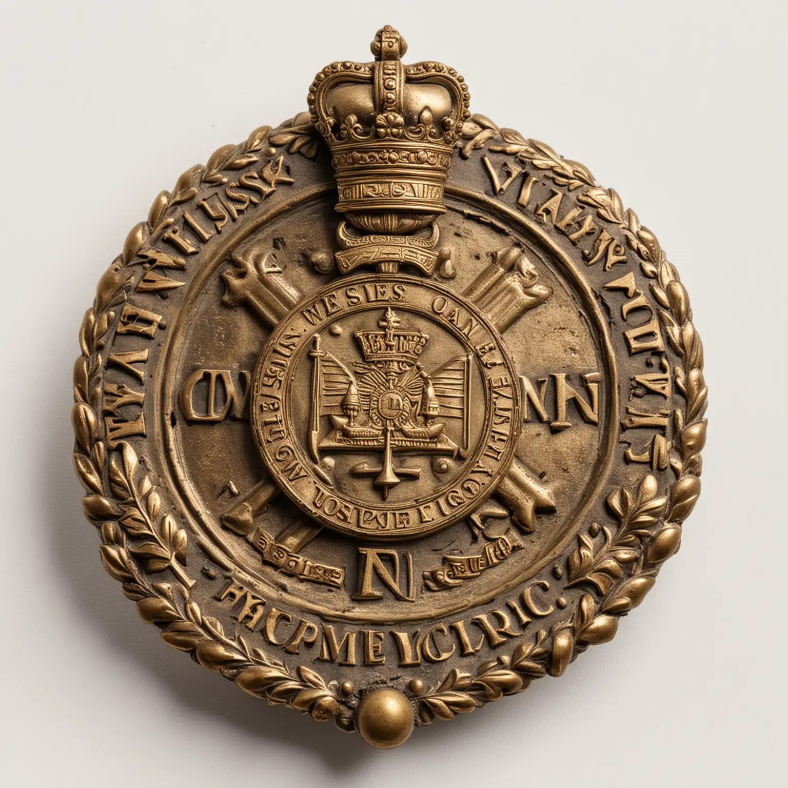 View from above: brass badge with the emblem of the West India Company. White background.