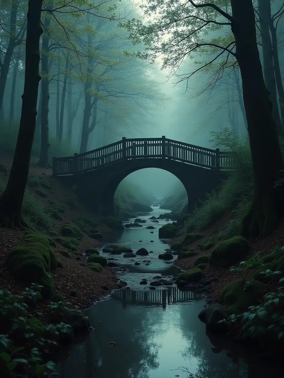 Gothic-Bridge-Over-a-Stream-in-a-Mysterious-Forest