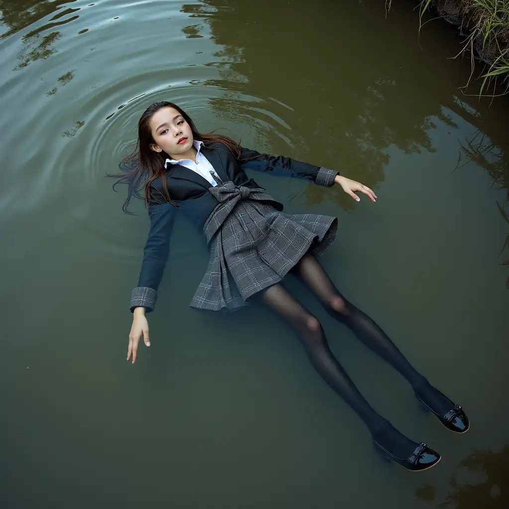 A young schoolgirl in a school uniform, in a skirt, jacket, blouse, dark tights, high-heeled shoes. She is swimming in a dirty pond, lying under water, all her clothes are completely wet, wet clothes stick to her body, the whole body is under water, submerged in water, under the surface of the water, below the water's edge.