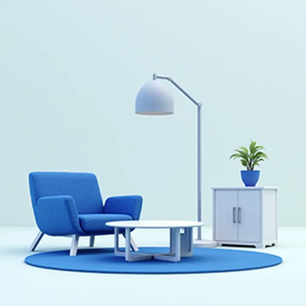 blue armchair, coffee table, cabinet, floor lamp, blue carpet, blue pot with flower, 3d model, minimalism, stylization, lowpoly, white