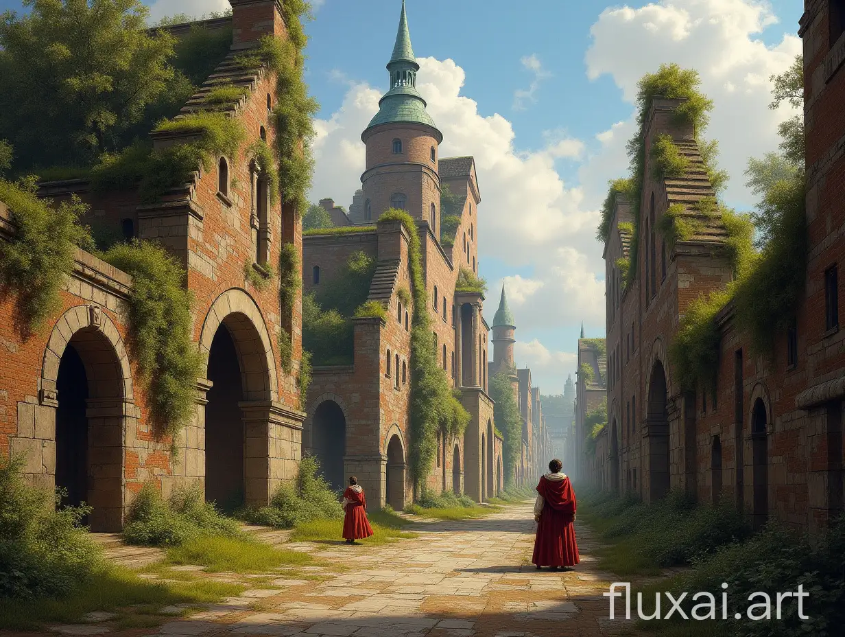 A painting in the style of Piranesi and other ruin artists. The ancient ruined city of St. Petersburg, a few people in medieval clothes on the street. Lush vegetation.