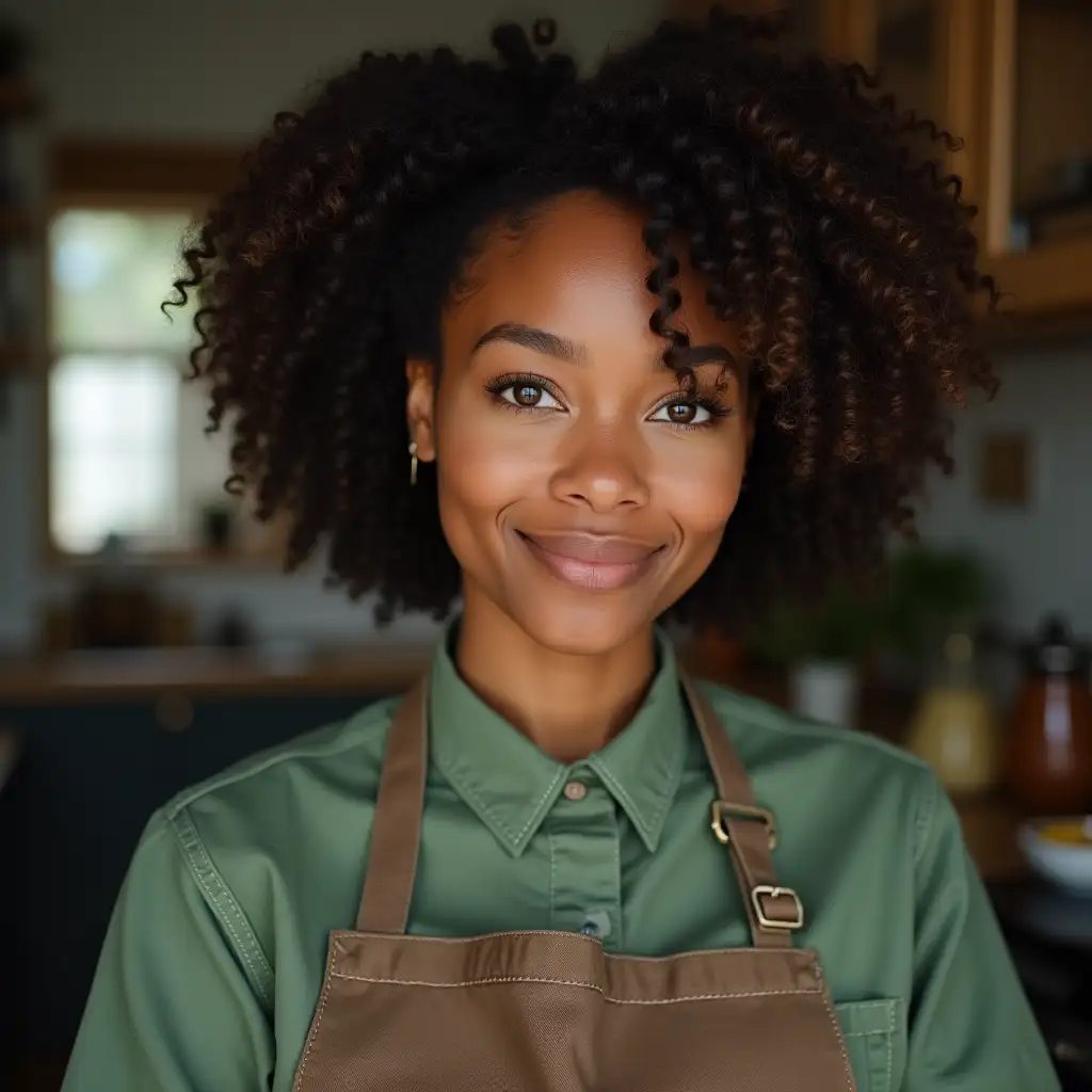 a black nutritionist with light brown eyes, curly hair and a green shirt under an apron