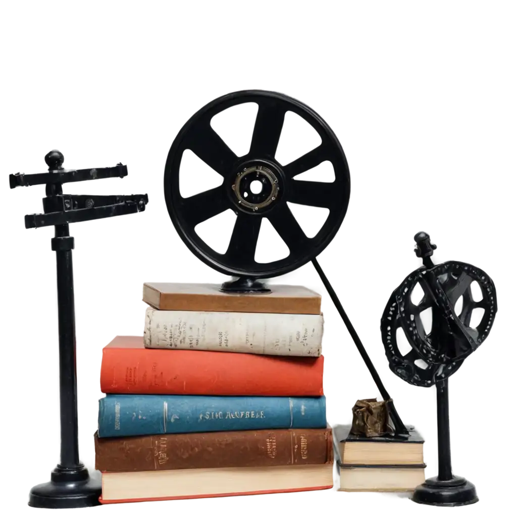 Enhance-Your-Visual-Content-with-a-PNG-Image-Featuring-Clapper-Books-Small-Statues-and-Film-Reel