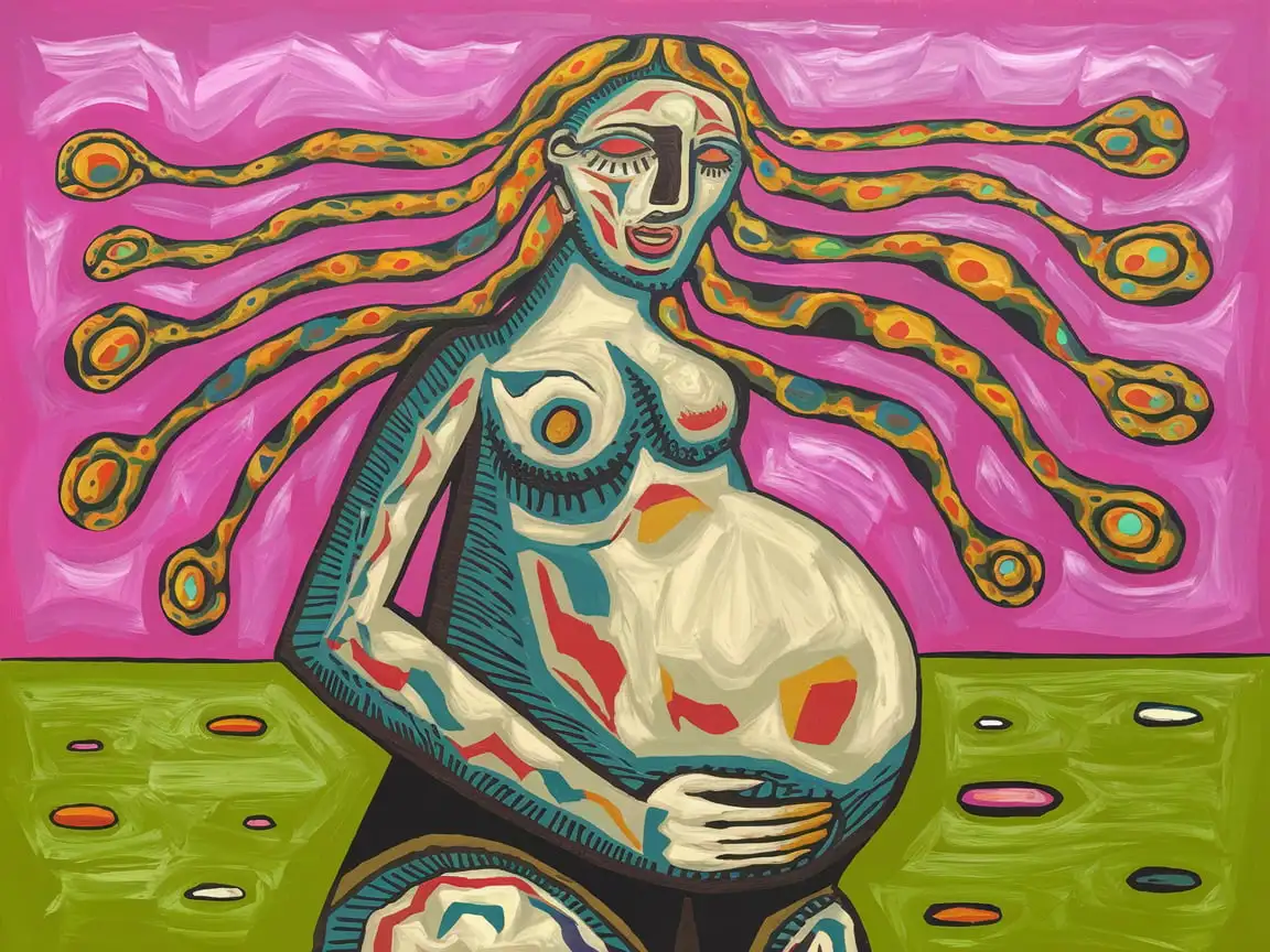 create an image based on artists like pit modrian and kusama, woman, feminism, hairy legs, abstraction, primitivism, pregnancy