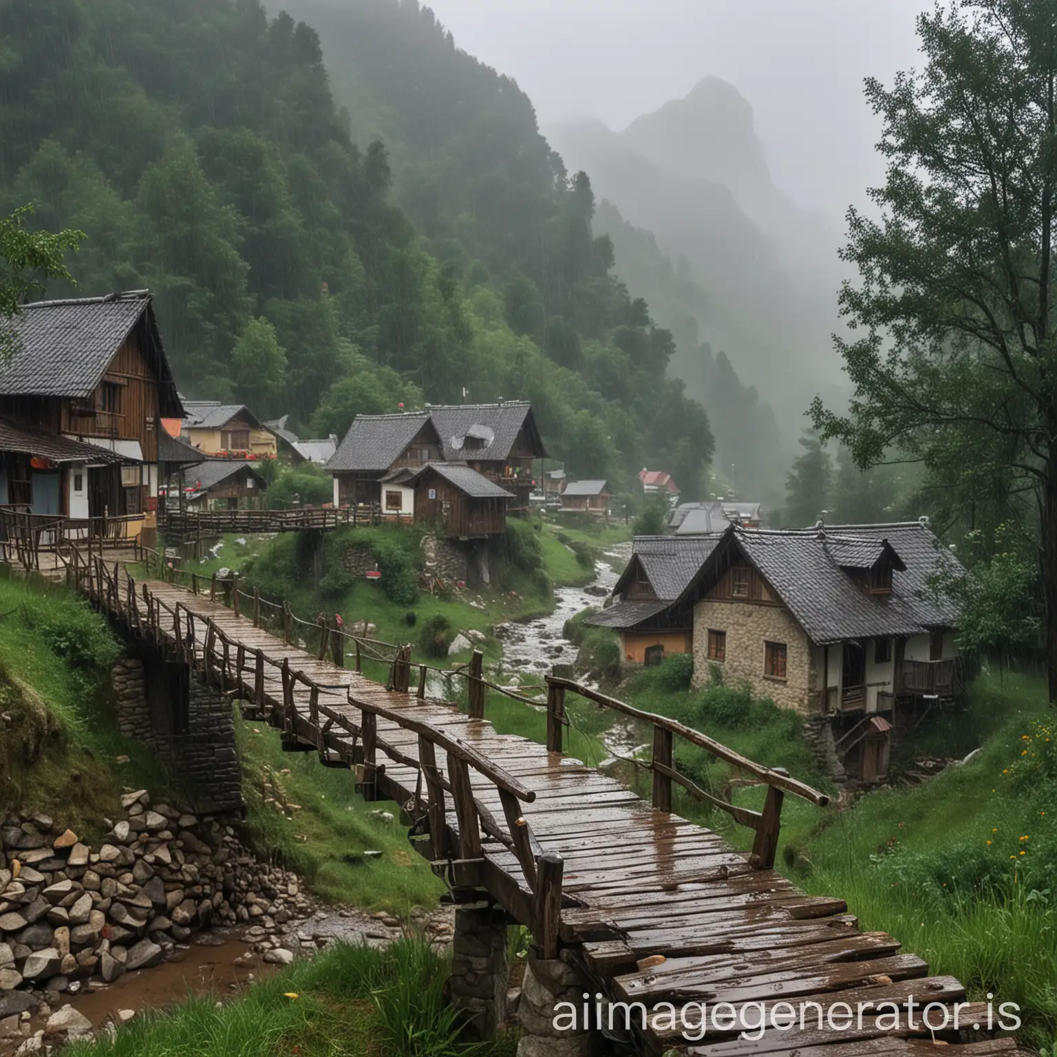 Mountains, village, forest, small bridge, heavy rain