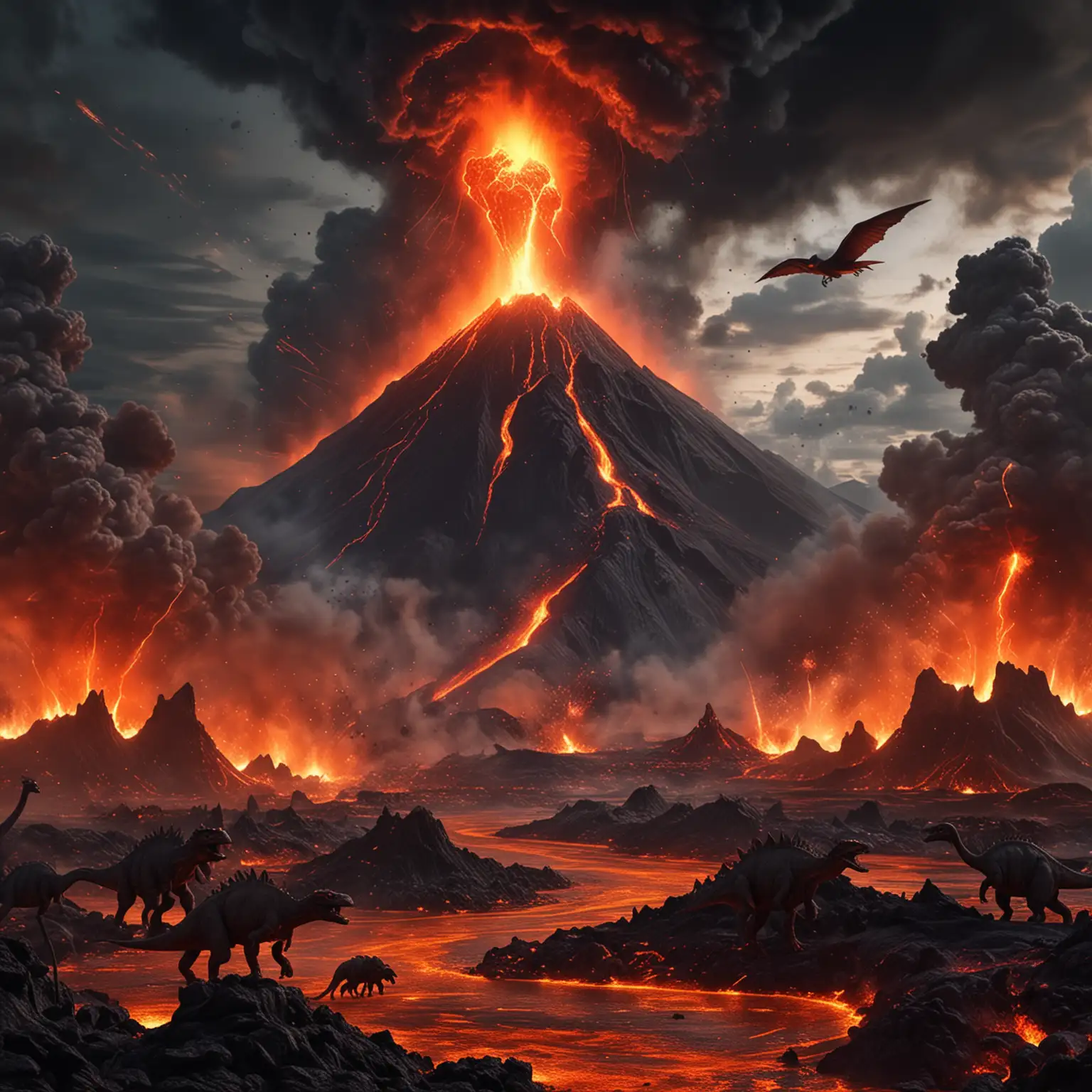 hyperrealistic a landscape image of a massive volcano which is erupting spliting the night sky into two parts which make the dinosaurs fear for their life and start running and flying away lava is starting to spread ⚡🌋