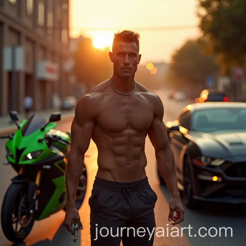 Muscular-Man-with-Matte-Mustang-and-Kawasaki-Ninja-at-Golden-Hour