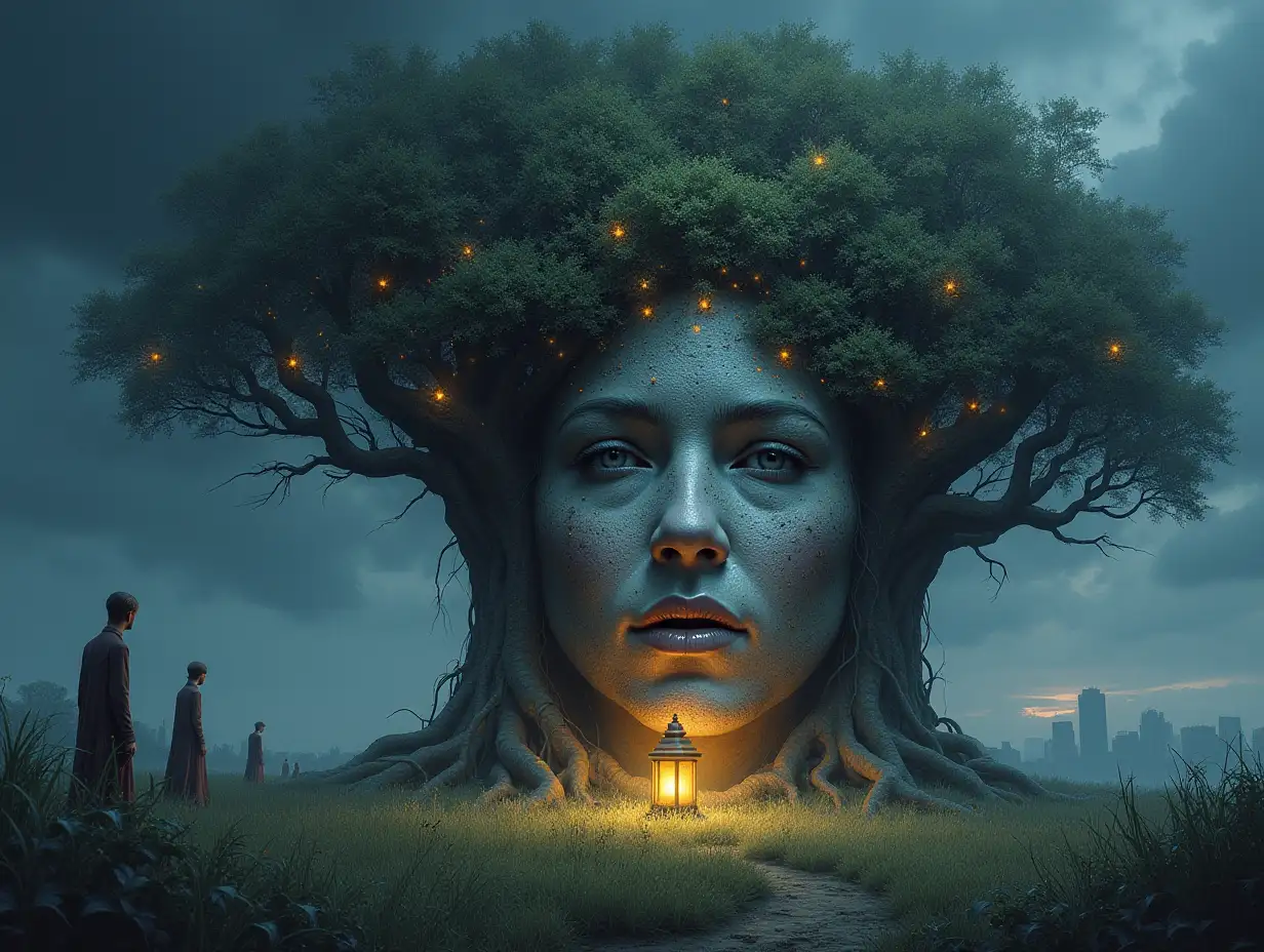 Creating a digital painting of a face with hair turning into a building with silver stones and Illuminated trees with roots and lantern and alien beings on a meadow