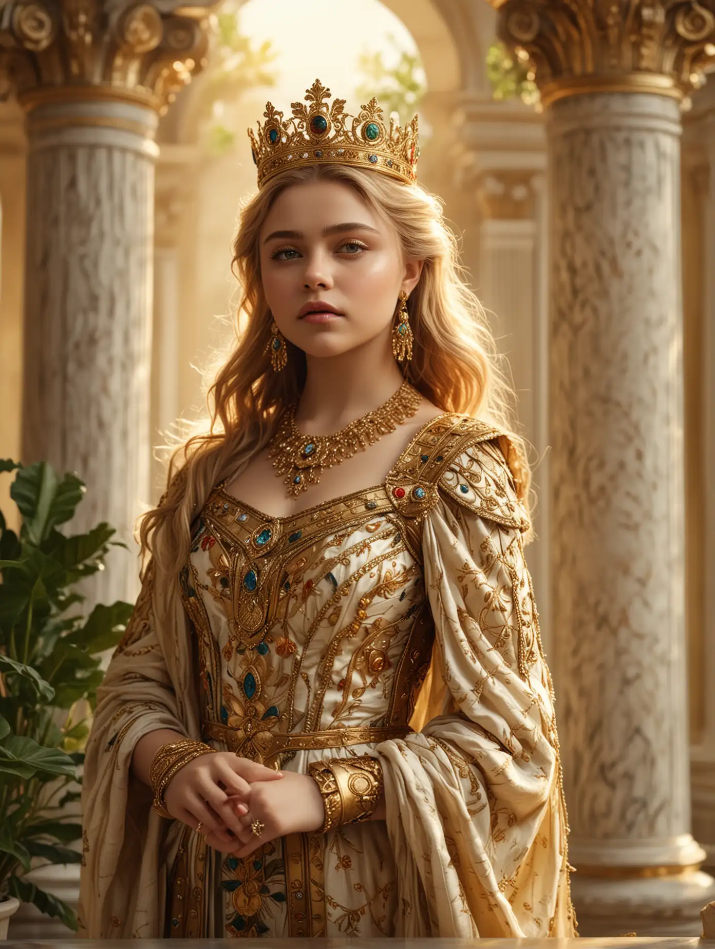 a photograph portrait, graceful Chloë Grace Moretz , roman queen, roman queen costume wearing a multicolor elaborate dress of gold with luxury crown, filigree diamond, silk and linen, pots with plants, marble doric columns, 3d render, bright light of the sun.