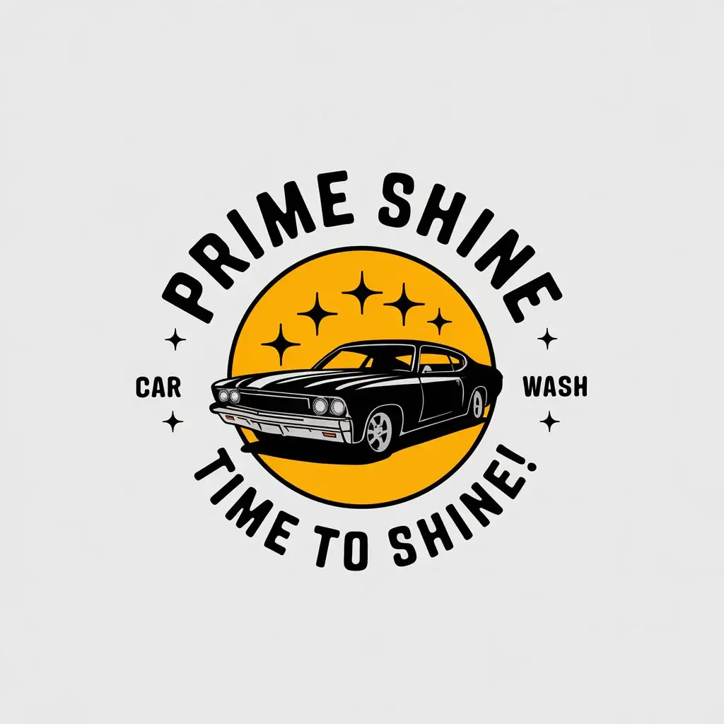 LOGO Design for Prime Shine Vintage Car Theme with Circular Yellow Background and Decorative Font