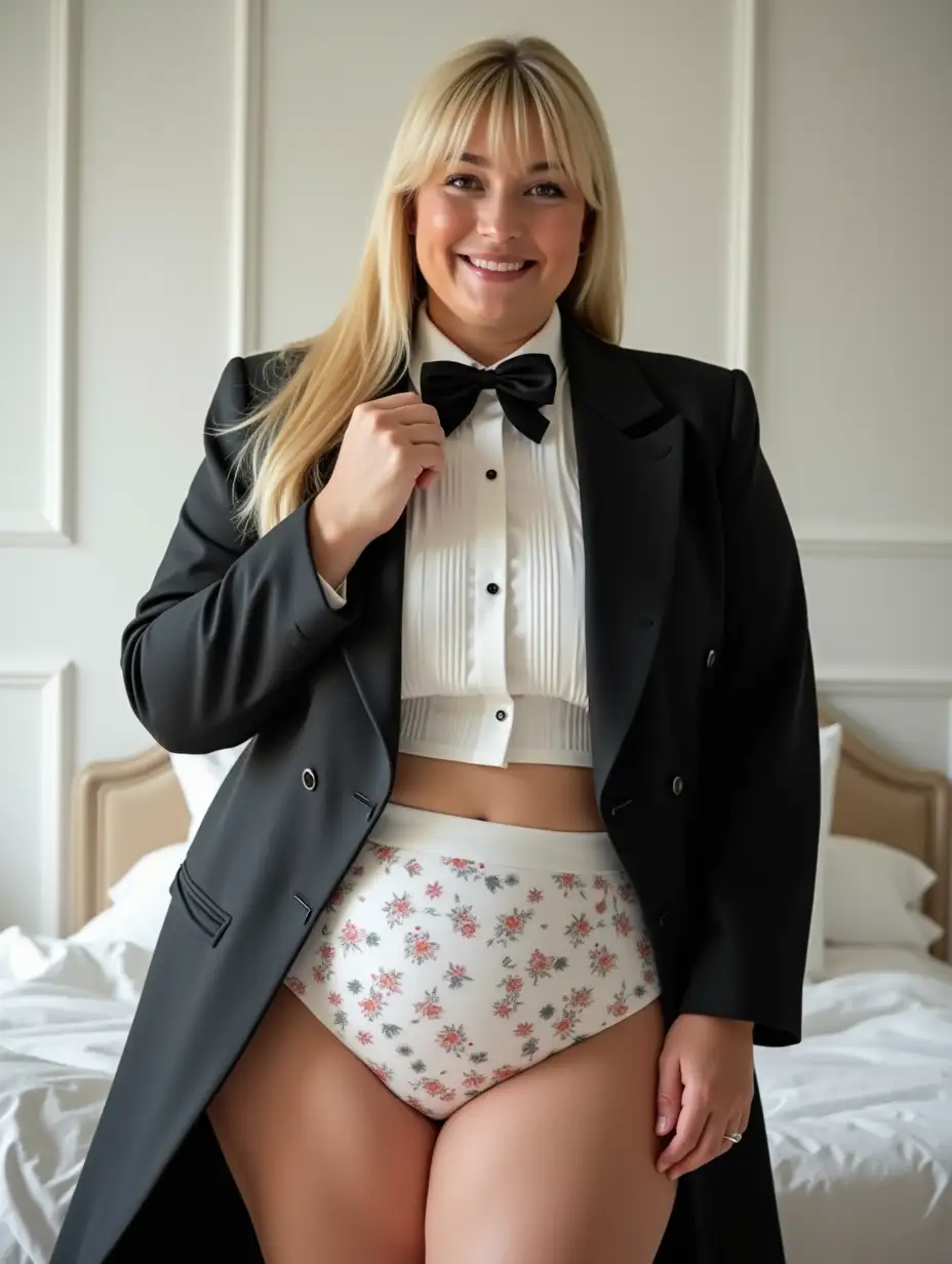 Smiling-MiddleAged-Caucasian-Woman-in-Formal-Orchestra-Tuxedo-in-White-Bedroom