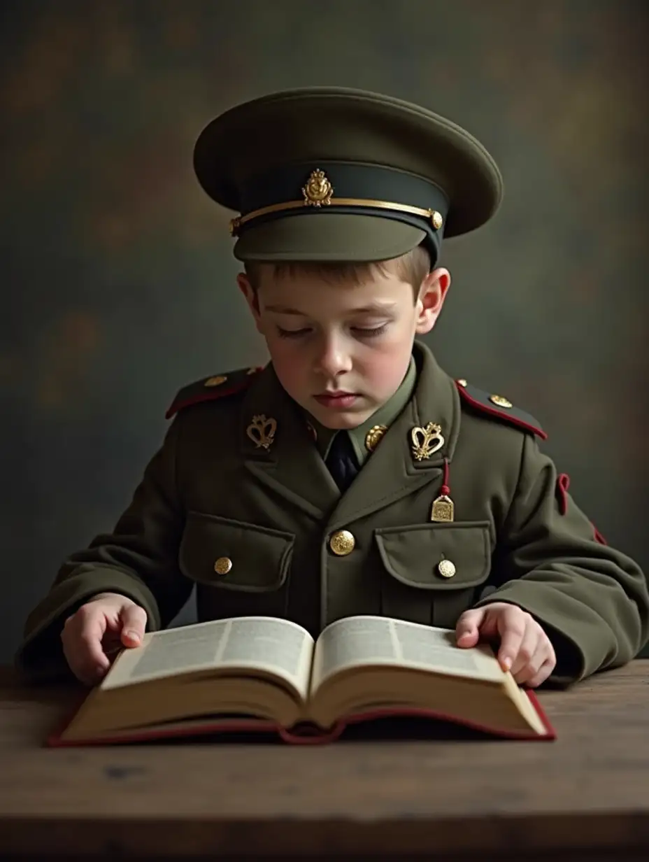 A boy soldier in military form sits at a table and reads a book