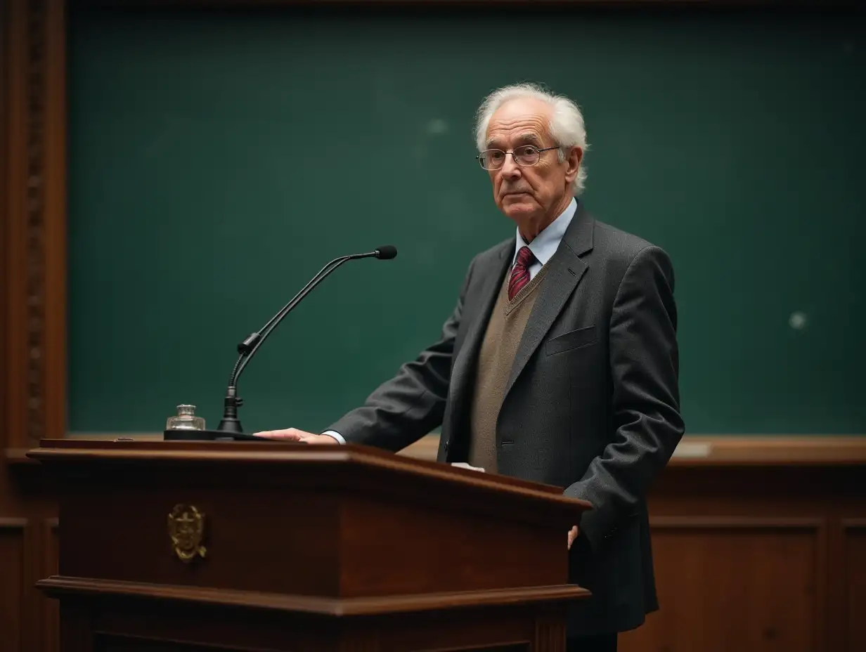 an old man professor, stands at the podium near the board