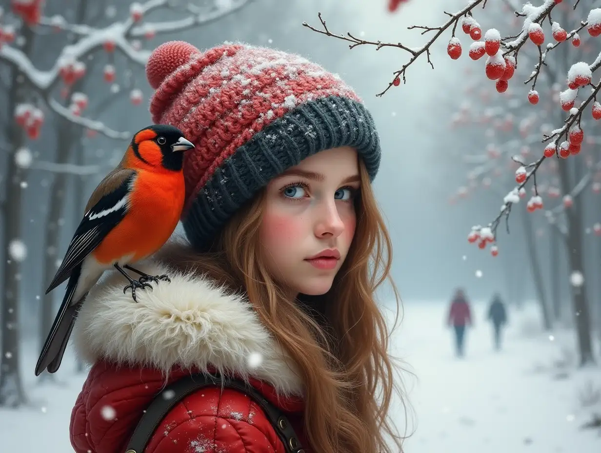 A girl with a bullfinch sitting on her shoulder. Mountain ash in the snow and bullfinches. It is detailed, beautiful, in the style of dark fantasy, executed with broad strokes of oil. Winter background.na fone zasnezhnennykh yeliy i sosen