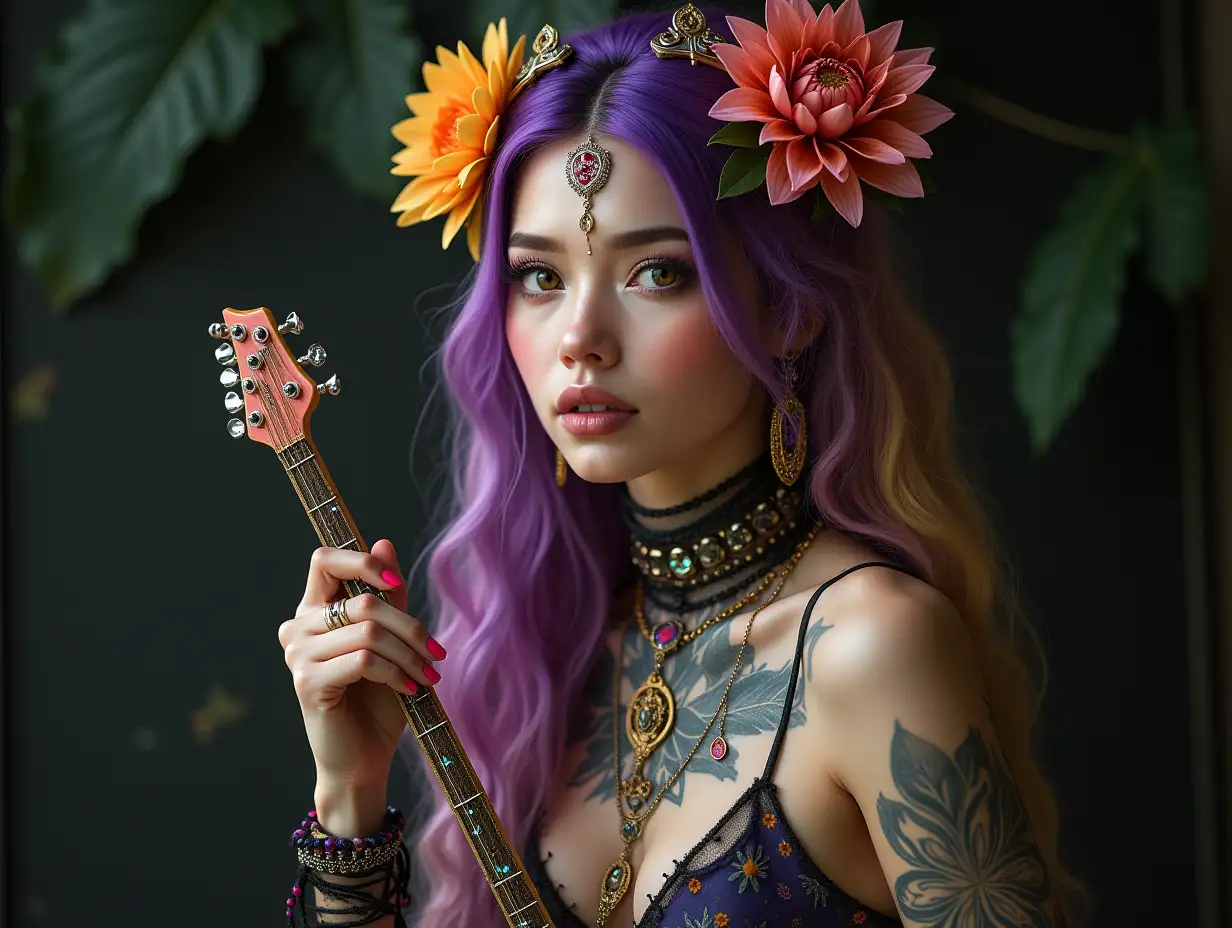 user_prompt: A hyperrealistic depiction of a beautiful white woman with a -tattoo, futuristic long purple-yellow wavy hair and laced boots, holding E-guitar flowers in her hand and wearing intricately detailed, colorful and futuristic jewelry. Background blurred, black 120-mm shot