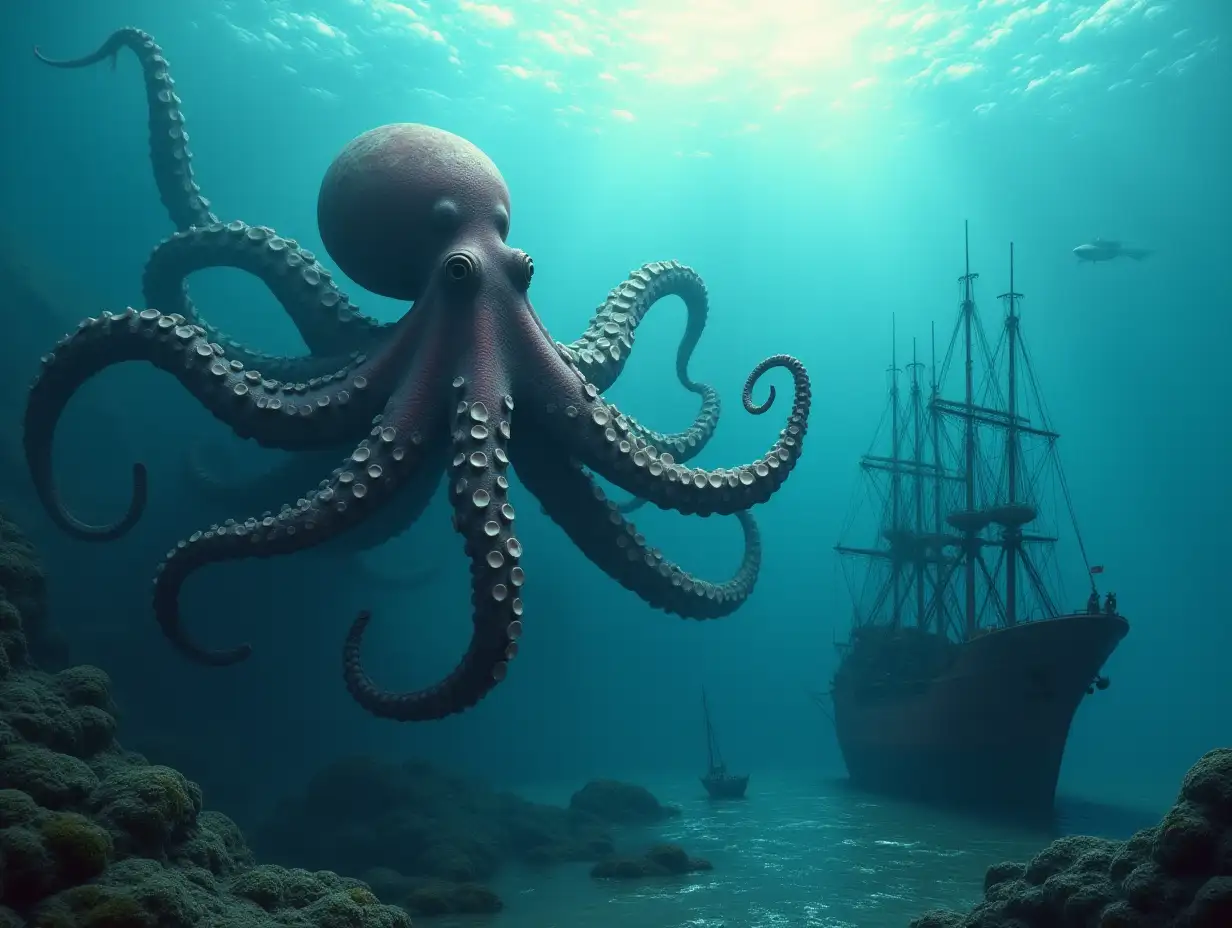 Gigantic Sea Monsters Octopus during the Day near a ship bright environment