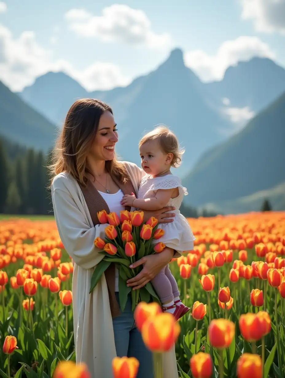 Depict a mother and child standing with a bouquet of tulips in front of the Carpathians and Bukovel in the spring