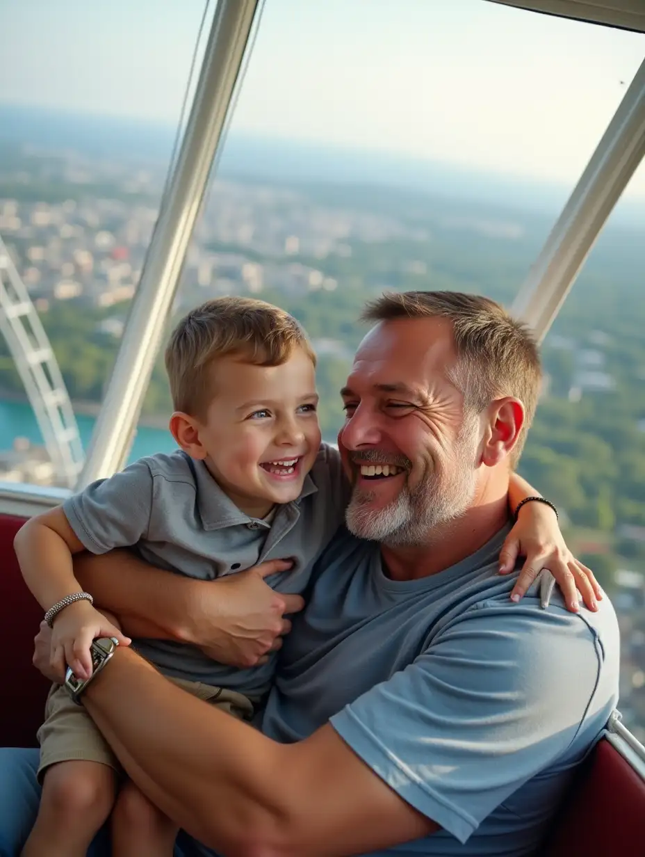 Father and son riding a ferris wheel, father hugging son, son winking smiling, beautiful view of the city from above, father is dying with son, son looking smiling at father