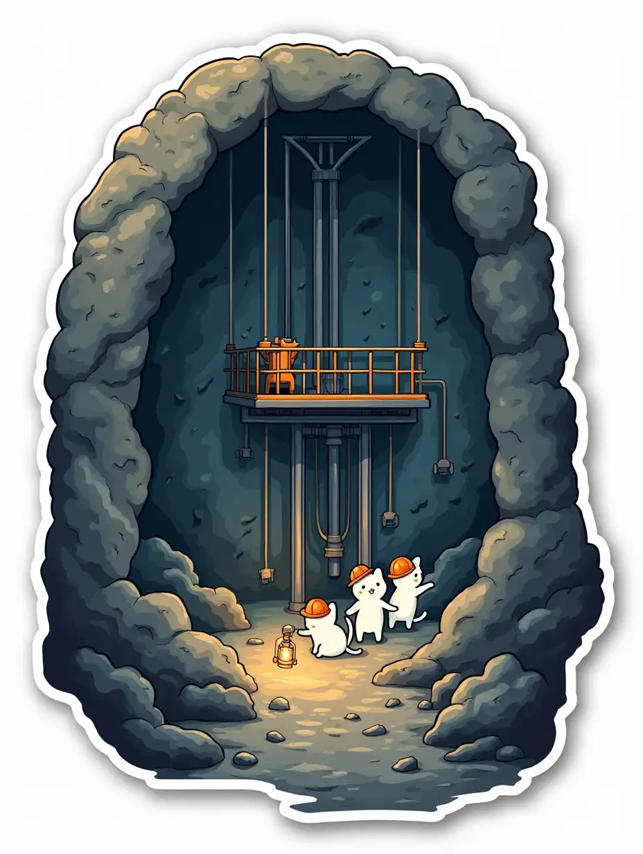 a curved cut-out laminated sticker with an image of an underground mine in section with a mine elevator lift platform on cables and a large coil of the elevator lifting mechanism. In the mine, small white cats in orange helmets with a lantern in the image of miners. cut sticker design, high resolution, white background, paint in anime style